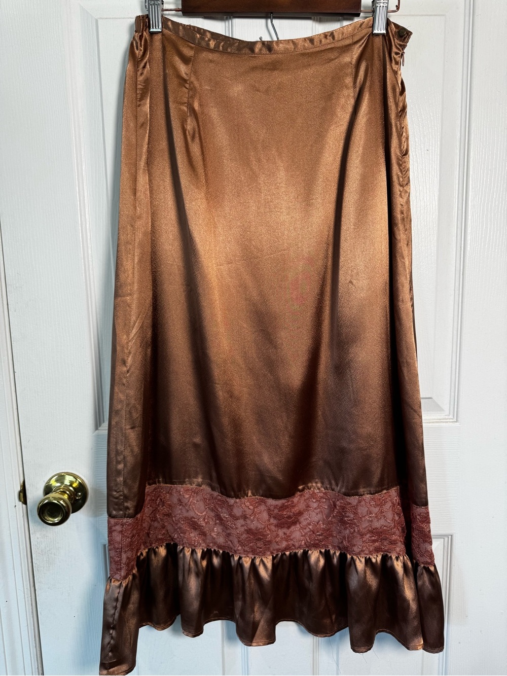 April Cornell Bronze Satin Lace Ruffle Maxi Skirt Vintage Boho Size Large